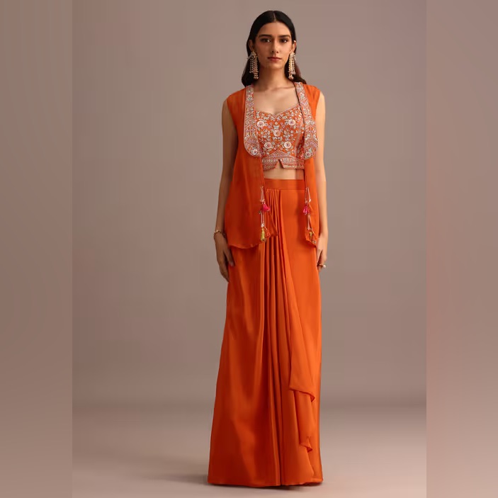 Orange Asymmetrical Ruched Maxi Skirt